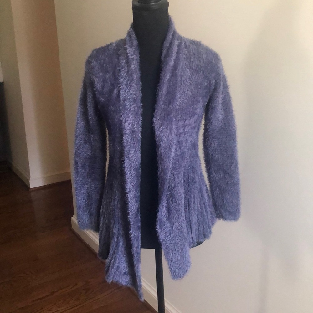Lavender eyelash yarn cardigan.